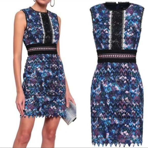 SALONI Trudi Sleeveless Chevron Lace Sleeveless Cocktail Dress Blue Multicolor 0 - Picture 1 of 16